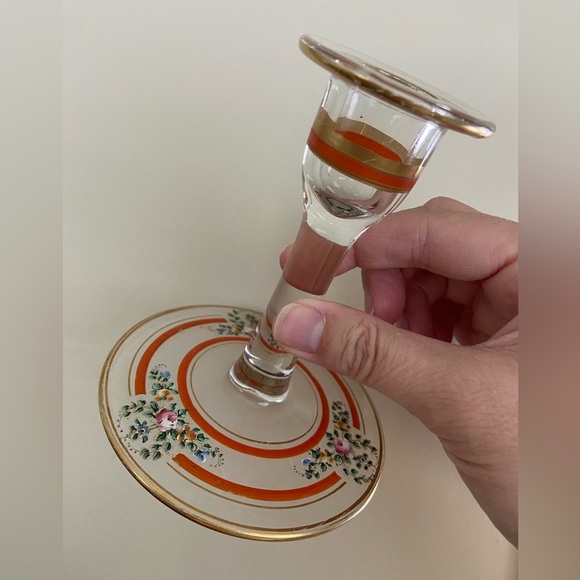 Vintage Set of 2 Candlesticks Clear w/ Hand painted Orange, Gold & Flowers - Picture 14 of 16